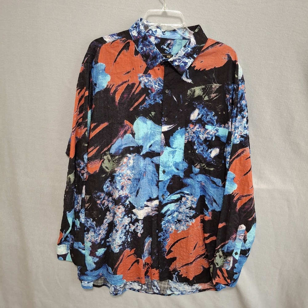 French Crown Men's Shirt Size 50 4XL Linen Floral Abstract Long Sleeve Button Up